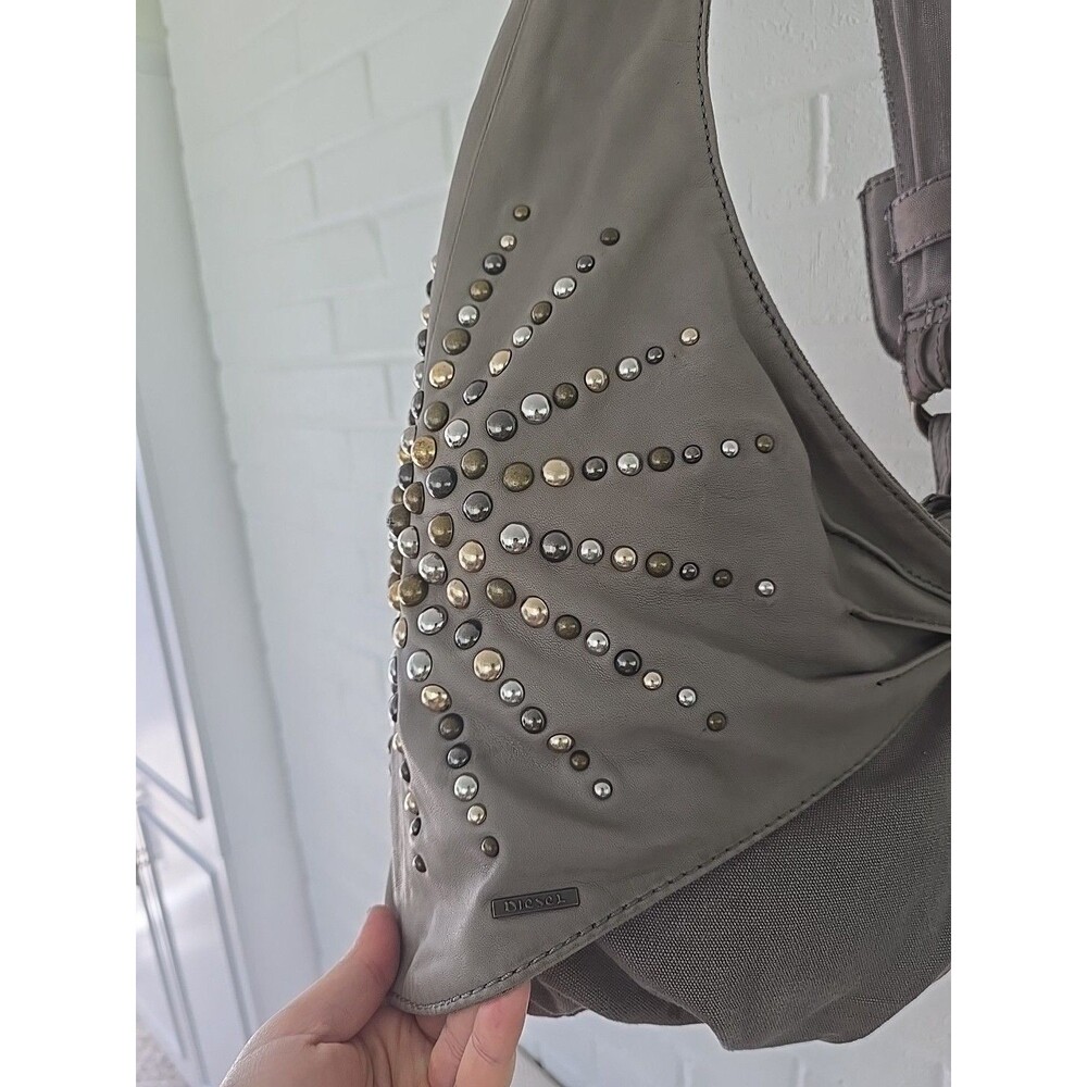 DIESEL Vintage Archive Studs Leather Cotton Shoulder Crossbody Bag Grey Y2K Rare - Picture 6 of 16